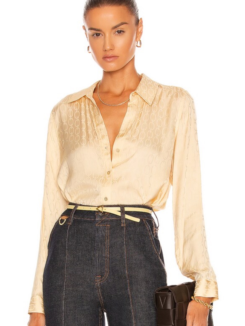 L'agence Holly Long Sleeve Light Gold Tonal Chain Brocade Silk Blouse